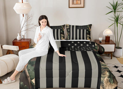 Camo American Flag Comforter Set Twin Woodland Military Hunting Bedding Set Army Green Tree Branch Camouflage Comforter for Boys Teens Adults Men,Grey Black USA Striped Flag Bedding Quilted 2 Pcs
