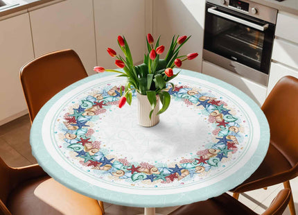 Marine Life Round Fitted Tablecloth with Elastic Ocean Teal Tablecloths Washable Summer Beach Starfish Coral Conch Table Cover for Kitchen Dinner Party Picnic Decor Fits Tables up to 36"- 44" Diameter