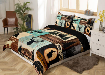 Hunting Woodland Animal Duvet Cover Full Rustic Fox Bear Deer Moose Bedding Set,Lake House Fishing Comforter Cover For Farmhouse Cabin Lodge,Countryside Wildlife Bed Set Brown Teal 2 Pillow Cases