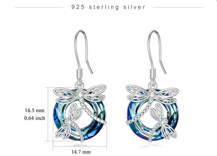 TOUPOP Dragonfly Sterling Silver Earrings with Blue Circle Crystal Dragonfly Dangle Drop Earrings - Women's Mom Birthday Gifts