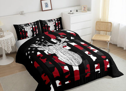 Camo Deer Comforter Set Queen Red Black Camouflage American Flag Bedding Set For Teen Boys Kid,Western Hunting Antler Bedding Comforter Sets Woodland Animal Quilt Set Rustic Farmhouse Room Decor 3 Pcs