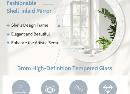 24 Inch Round Bathroom Mirror, Coastal Shell Framed Wall Decor