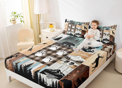 Rustic Farmhouse Fitted Sheet Twin for Adult Women Wild Animal Deer Bear Print Bedding,Hunting and Fishing Theme Camping Bed Sheets for Boy Girl Kid Patchwork Bed Set Old Barn Door Bedding