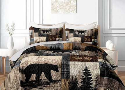 XYNHML Rustic Black Bear Quilts Bedding Twin 3Pcs Wildlife Bear Forest Pine Quilt Bed Set Retro Patchwork Grid Lightweight Bedspread Coverlet with 2 Pillowcases for Kid Boy Girl Teen Adult Bed Decor