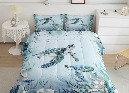 Sea Turtle Comforter Set 7 Piece Bed in a Bag Twin,Teal Blue Ocean Beach Coastal Bedding Set Starfish Octopus Tentacles Sheet Sets with Comforter Creature Coral Bed Set,Kawaii Fish Room Decor