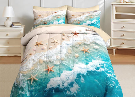 Nesker Queen Comforter Set with Sheets, 7 Pieces Beach Starfish Bedding
