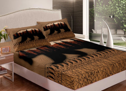 Rustic Bear Queen Bed Sheets For Men,Hunting Woodland Animal Bed Sheet Set Country Brown Patchwork Cowhide Fitted Sheet Farmhouse Flat Sheet Trees Silhouette Wooden Board Decor Bedding 2 Pillow Cases