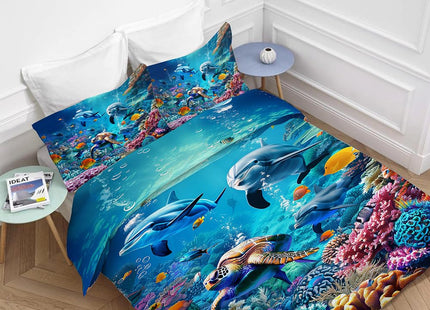 Lovira Ocean Sea Tutrle Beach Dolphin Theme 3 Pieces Duvet Cover Comforter Set with 2 Pillowcase Twin Size Nautical Fish Bed Sheet Quilt Bedroom Bedding for Lover Kids