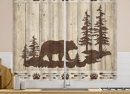 DYNH Bear Kitchen Curtains, Wild Animals Rustic Cabin Forest Bear Print Wooden Board Premium Decor Window Drapes Curtains 2 Panels, Upgrade Window Treatment Sets with Hooks, 55X39Inches