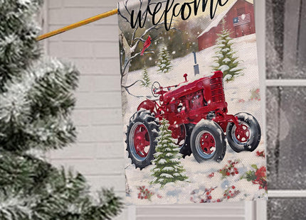 Furiaz Welcome Winter Red Tractor Large House Flag, Pine Tree Cardinal Red