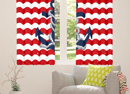 Castle Fairy Red Stripes Window Blackout Curtains,Blue Anchor Curtain,Nautical Theme Window Drapes for Kid Teens Boys Young Man,Modern Bedroom Decorative,Adventure Travel Curtain,42Wx90L
