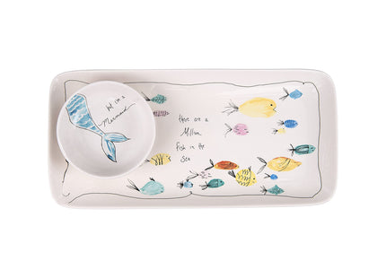 Creative Co-Op Coastal Stoneware Serving Platter and Dip Dish with Mermaid and Sea Life Illustrations, Multicolor