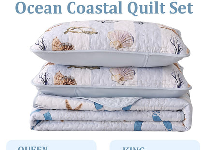 Coastal Quilt Set King Size 3 Pieces,Beach King Quilt Bedding Set Lightweight Sky Blue Bedspreads,Reversible Microfiber Nautical Quilts with 2 Shams Summer Ocean Coverlet Sets for King Bed All Season