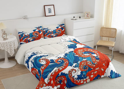 Homewish Octopus Comforter Set,Blue Waves Bedding Set for Kids Girls Women,Adults Sea Animals Comforter,Ocean Theme Quilted Duvet Set Bedroom Collection Twin Size 2Pcs