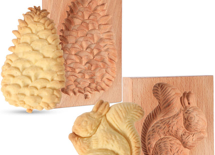 Meanplan 2 Pcs Carved Wooden Cookie Mold, Squirrel, Pinecone