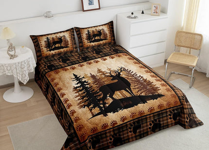 Castle Fairy Deer Bear Plaid Comforter Set Twin Size,Animal Hunting Bear Print Bedding Set for Kids Boys Men,Pine Trees Rustic Retro Grid Quilted Duvet Set with 1 Pillowcase