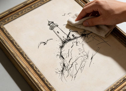 Gold Framed Vintage Coastal Lighthouse Sketch Canvas Wall Art 9x11