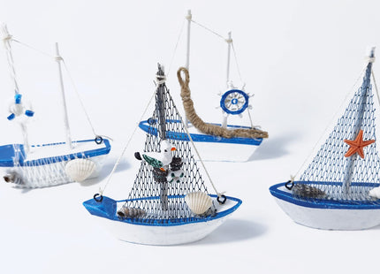 TIHOOD 4PCS Mini Sailboat Model Decoration Wooden Miniature Sailing Boat Home Decor Set, Beach Nautical Design, Navy Blue and White, 4.4 x 6.8 Inch (StyleB)
