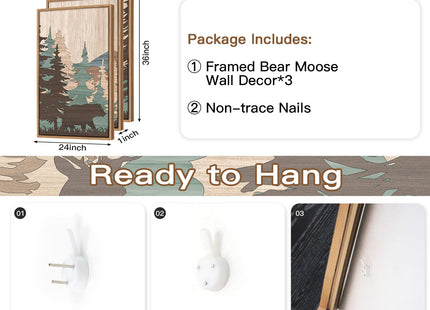 CHDITB 3Pcs Woodland Moose Bear Landscape Framed Canvas Wall Art 24x36 Inch