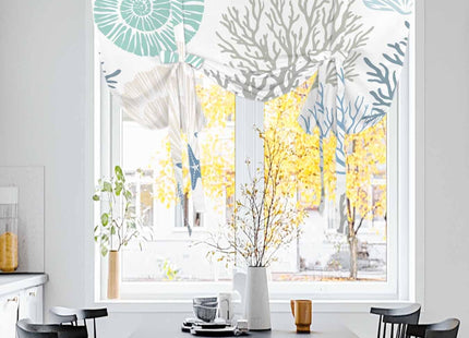 Ocean Coral Starfish Tie Up Window Shade Curtain,Nautical Coastal Shell Tie Up Curtain for Kitchen Windows,Marine Sealife Adjustable Valance Balloon Curtains,Blue Teal White Rod Pocket Panel 52x45in