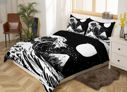 Erosebridal Moon Bedding Set Twin,Ocean Waves Duvet Cover Mountain Fuji Comforter Cover Japanese Style Bedspread Cover Marine Coastal Nautical Theme Quilt Cover White Black 3D Printed Bedroom Decor