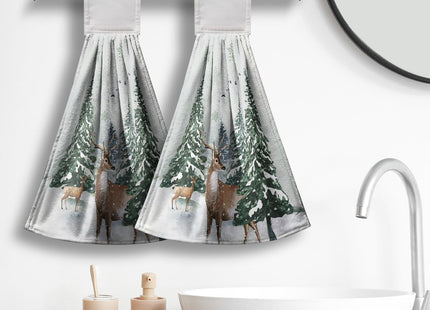 Cneztholim Winter Deer Hand Towels with Hanging Loop Pine Tree Snowflake Tie Towel 2Pcs Snow Hanging Kitchen Towels Decorative Tea Towel Soft Absorbent Washcloth for Home Bathroom Decor