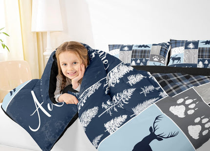 Hunting Bear Deer Quilt,Christmas Buffalo Plaid Comforter Set Twin Size Rustic Cabin Patchwork Duvet Sets For Kids Boys Teens Adult,Farmhouse Cowboy Woodland Bedding Set,1 Pillow Case,Blue Grey