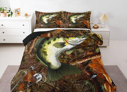Erosebridal Bass Fish Hunting Duvet Insert Queen Pike Fish Fishing Rod Comforter Set Gifts for Men Women Fisherman Fishing Lover, Retro Wooden Branches Down Comforter Rustic Farmhouse Bedding Set