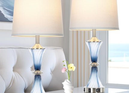 Rinweey Blue Glass Table Lamp Set of 2 with USB C+A Ports & AC Outlet, Bedside Lamp, Modern Bedroom Lamps, Coastal Lamp for Night Stands Bedroom Living Room,Nightstand Lamp LED Bulbs Included
