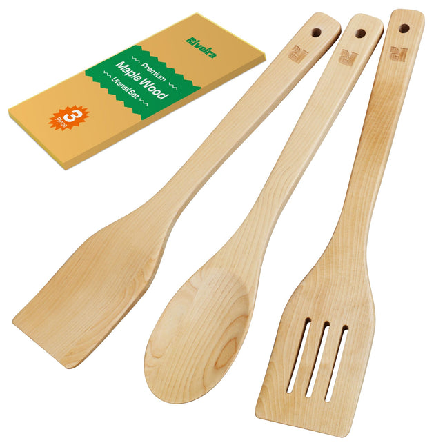 Riveira Maple Wooden Spoons for Cooking Set of 3 – Natural Maple Wooden Cooking Utensils, Wooden Spatula, Wooden Spoon - Premium Quality Utensil Set for Non-Toxic Cooking