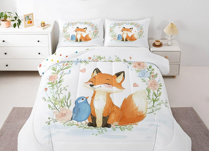 Erosebridal Kids Fox Comforter Set Twin Boys Girls Cute Woodland Animal Print Bedding Set Rose Flower Comforter Tree Branch Botanical Duvet Quilts,Watercolor Lovely Bird Wildlife Bedding Sets 2 Pcs