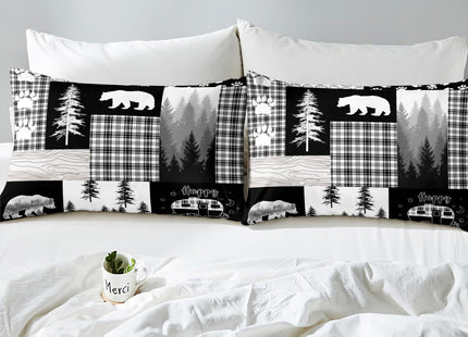 Woodland Bedding Set Hunting Bear Patchwork Buffalo Plaid Duvet Cover King Size,Rustic Cabin Barn Door Comforter Cover Boys Girls Camper Decor,Wildlife Paw Print Pine Trees Bed Sets Gray Black