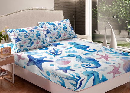 Erosebridal Blue Seahorse Fitted Sheet Full for Kids Boys Girls,Marine Life Ocean Animal Bedding Set Nautical Bedroom Decor,Sea Shell Starfish Bed Set Coastal Beach Bottom Sheets Only (3Pcs)
