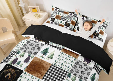 Kids Rustic Black Bear Duvet Cover Twin Woodland Animal Bedding Set For Boys Teen Men,Patchwork Black White Grey Buffalo Plaid Comforter Cover Farmhouse Wooden Pine Tree Bear Paw Bed Set 2 Pcs