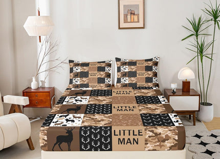 Brown Camo Animals Hunting Kids Sheet Full Size,Deer Antlers Silhouette Bedding,Boys Girls Adults Xmas Decor,Boho Arrows Splicing Rustic Cabin Bed Sheet Set 4pcs(Fitted + Flat + 2 Pillowcases)