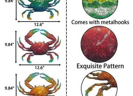 John's Studio Metal Crab Sea Wall Decor Outdoor Garden Hanging Art Sculptures Home Ocean Theme Decorations for Kitchen Bathroom and Pool - 3 PCS