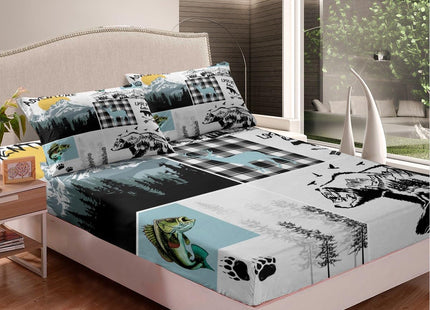 Cabin Bear Deer Bedding Sets Full,Hunting Fishing Bass Fish Bed Sheets Rustic Farmhouse Buffalo Check Plaid Sheet Set For Boys Adults Men,Wild Animal Fitted Sheet Grey Blue Flat Sheet 2 Pillow Cases