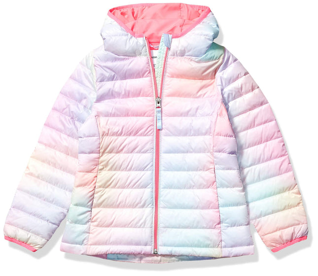 Amazon Essentials Girls' Lightweight Water-Resistant Packable Hooded Puffer Jacket, Pink Ombre, Medium
