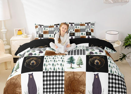 Kids Rustic Black Bear Duvet Cover Twin Woodland Animal Bedding Set For Boys Teen Men,Patchwork Black White Grey Buffalo Plaid Comforter Cover Farmhouse Wooden Pine Tree Bear Paw Bed Set 2 Pcs