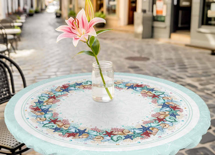 Marine Life Round Fitted Tablecloth with Elastic Ocean Teal Tablecloths Washable Summer Beach Starfish Coral Conch Table Cover for Kitchen Dinner Party Picnic Decor Fits Tables up to 36"- 44" Diameter