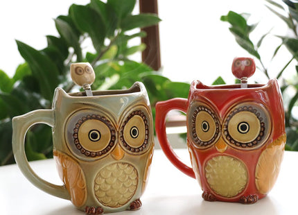 SQOWL Owl Coffee Mug Set of 2, Ceramic Coffee Mugs with spoons, 12 oz
