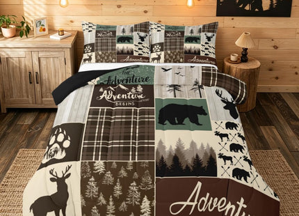 Rustic Patchwork Twin Bed Comforter Set, Hunting Deer Bear Bedding Retro Cabin Lodge Decor Quilt For Kids Boys Teens Men, Woodland Country Wild Animal Down Comforter Adventure Camping Decor, Brown