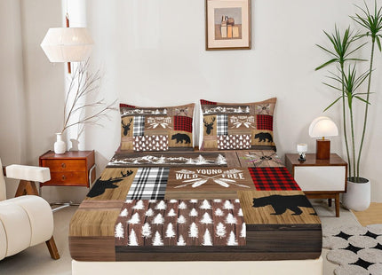 Retro Cabin Bed Sheet Rustic Adventure Bear Deer Fitted Sheet Hunting Wildlife Wild Animal Bedding Sets Plaid Lodge Farmhouse Fitted Bed Sheets Western Country Comforter + 1 Pillow Case, Twin Size