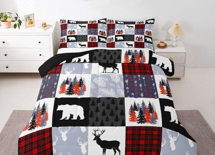 Teens Hunting Moose Deer Comforter Set,Christmas Bear Trees Vines Patchwork