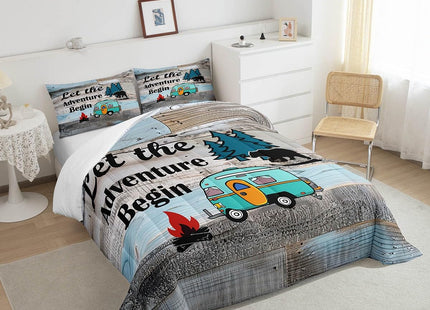 Rustic Camping Theme Bedding Set For Rv Bunks Twin,Country Farmhouse Camper Car Comforter Set For Kids Adults Woodland Pine Tree Bear Down Comforter Old Barn Door Quilt Duvet Insert 2 Pcs Grey
