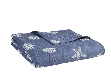 Harbor House Seaside Reversible Cotton Quilt Set Coastal Clam, Starfish, Coral Embroidery, All Season, Pre-Washed Coverlet Bedding Layer, Decorative Pillow, Full/Queen(90"x90") Navy 4 Piece