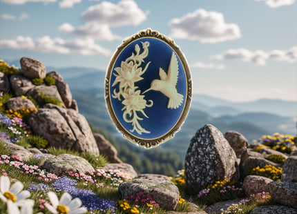 Yspace Hummingbird Brooch Pin Shield Decor Antique Brass Cameo Fashion Jewelry Pouch for Gift (Morning glory hummingbird)