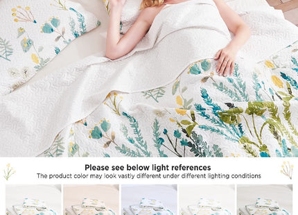 Twin Size Floral Quilt Set for Bed Lightweight Green Yellow Leaves Botanical Bedspread Daybed Cover Coverlet Lodge Cabin Garden Floral Bed Cover Blanket Rural Blossom Bedroom Decor