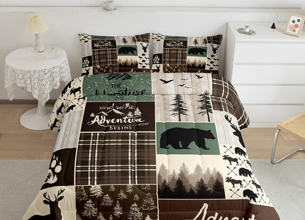 Rustic Patchwork Twin Bed Comforter Set, Hunting Deer Bear Bedding Retro Cabin Lodge Decor Quilt For Kids Boys Teens Men, Woodland Country Wild Animal Down Comforter Adventure Camping Decor, Brown