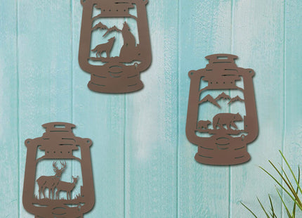 Rustic Metal Wall Art Decor, Bear Wolf Deer in the Kerosene Lamp Decor